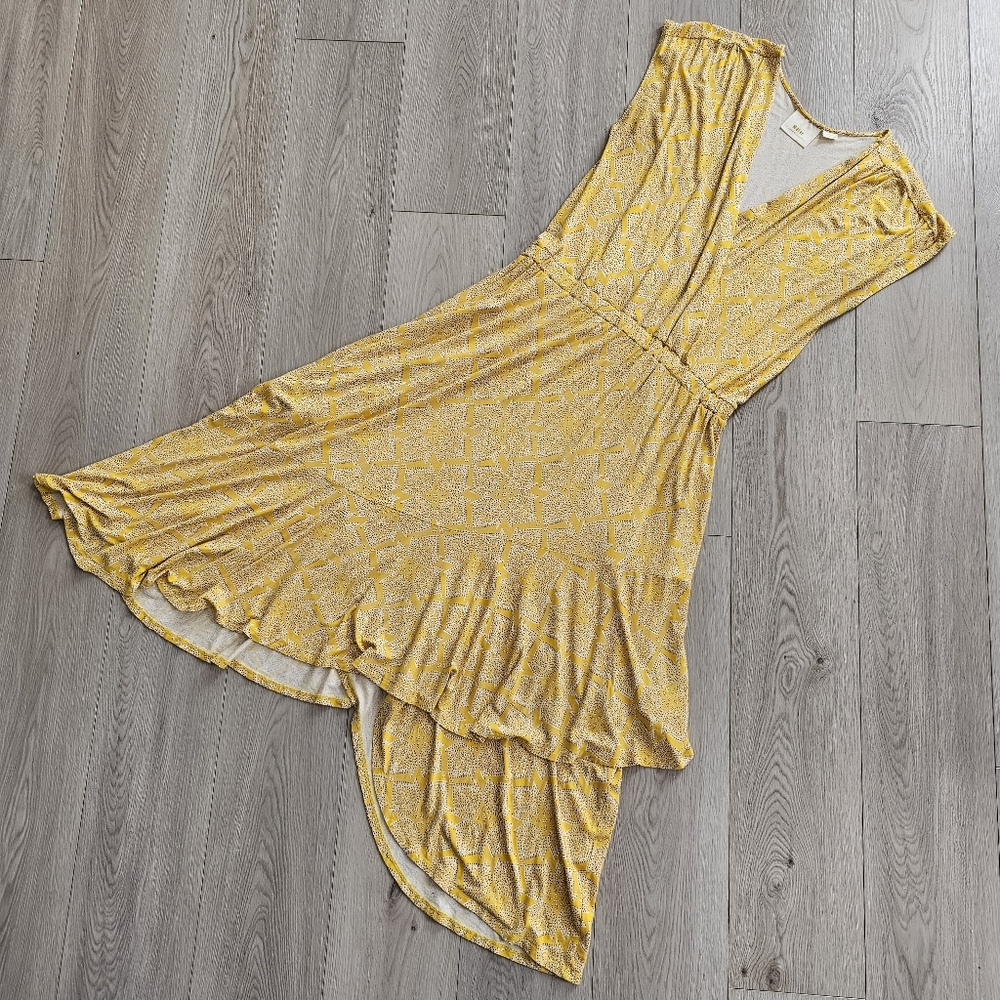 Maeve Antropologie Yellow Fete Viscose Flowy Bright Spring Yellow Midi Dress, XL